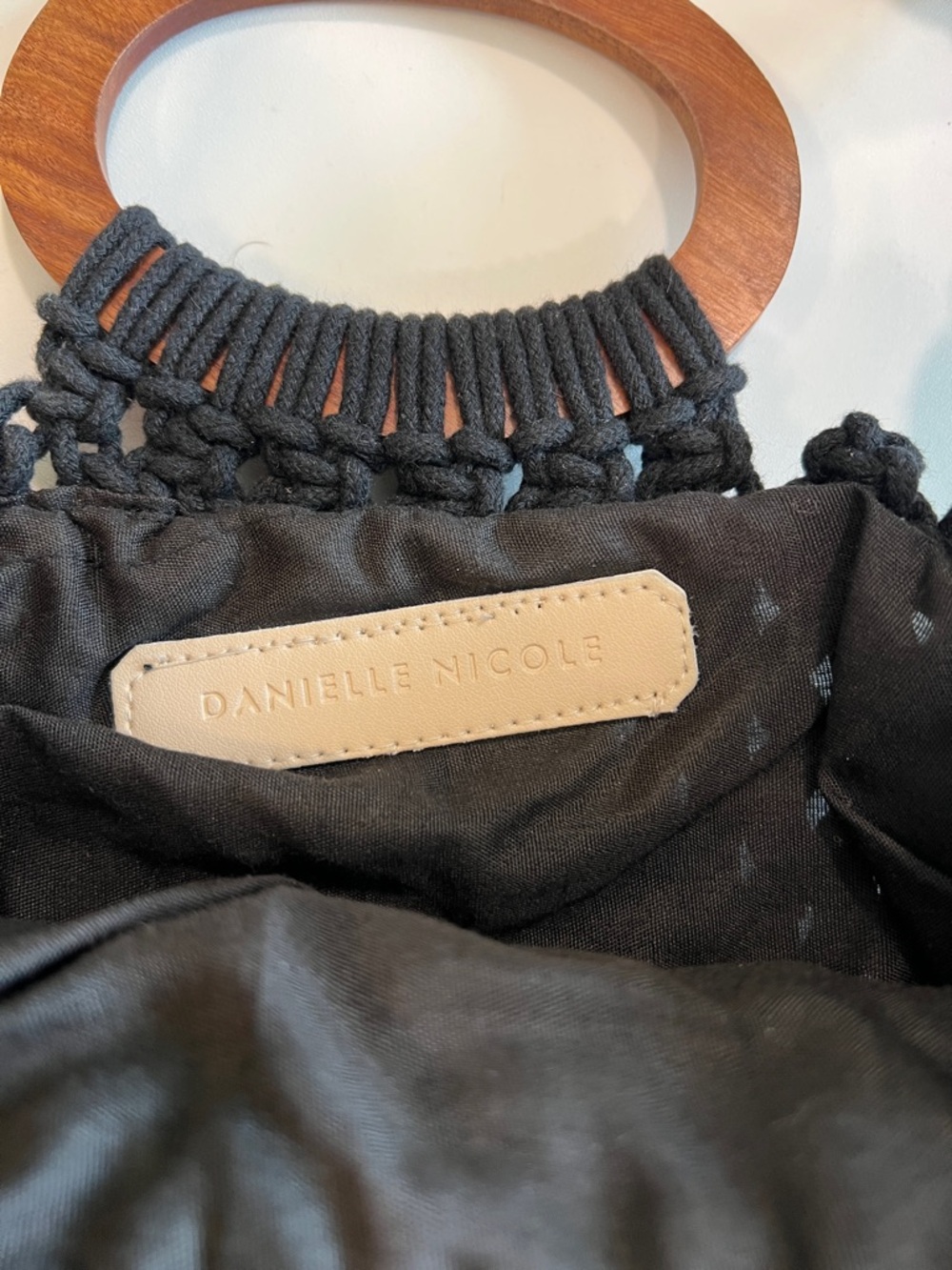 Danielle Nicole - Handwoven Black‎ Macramé Fringe Tote with Wooden Handles - Picture 2 of 3